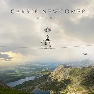 Woman with a string of balloons riding a unicycle high above a mountain landscape for Carrie Newcomer's poetry book
