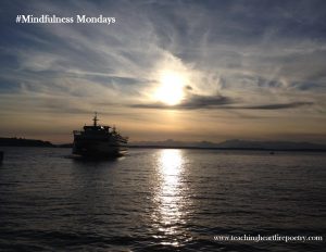 ferry boat, setting sun reflected on water