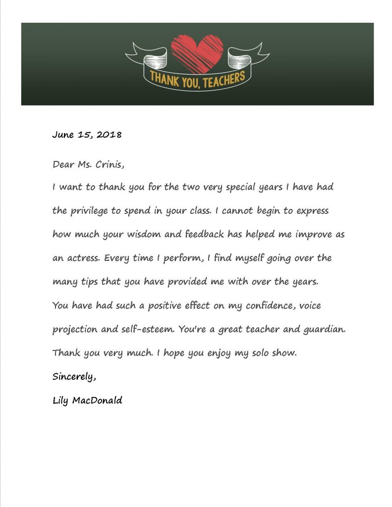 Thank you letter to Ms. Crinis from Lily MacDonald