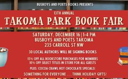 Promotional banner for Takoma Park Book Fair at Busboys & Poets Takoma